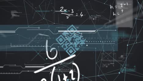 Animation-of-QR-code-with-mathematical-equations-floating-and-web-connections