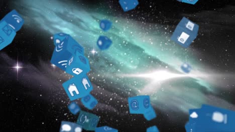Animation-Blauer-Würfel-Mit-Sozialen-Symbolen,-Die-über-Den-Weltraum-Und-Eine-Galaxie-Fallen