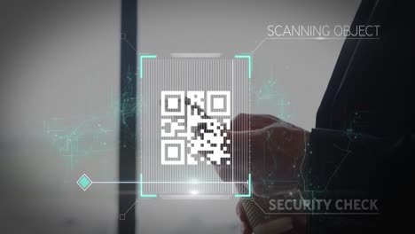 Animation-of-white-QR-code-scanning-with-blue-web-of-connection-over-man
