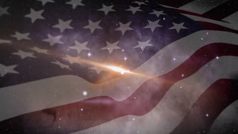 Universe-with-multiple-glowing-stars-and-network-of-connections-over-American-flag