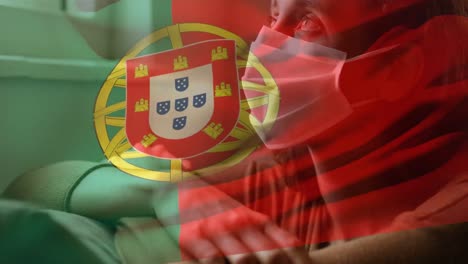 Portugiesische-Flagge-Winkt-Gegen-Frau-Mit-Gesichtsmaske