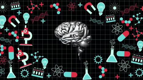 Spinning-brain-against-science-concept-icons-on-black-background