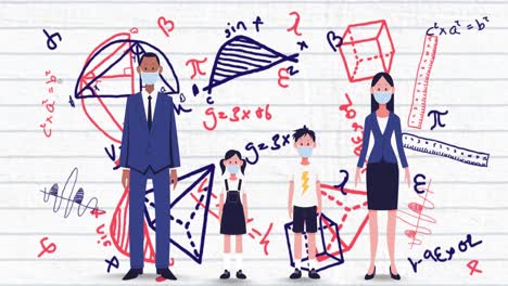 Family-wearing-face-mask-icons-against-mathematical-equations-and-diagrams