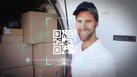 QR-code-scanner-and-data-processing-against-male-delivery-man-taking-notes