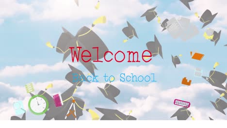 Text-„Willkommen-Zurück-In-Der-Schule“-über-Abschlusshüte,-Die-Gegen-Den-Blauen-Himmel-Fallen