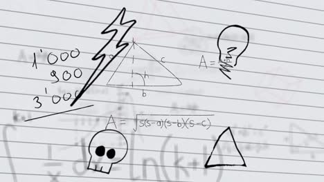 Multiple-school-concept-icons-against-mathematical-equations-on-white-lined-paper