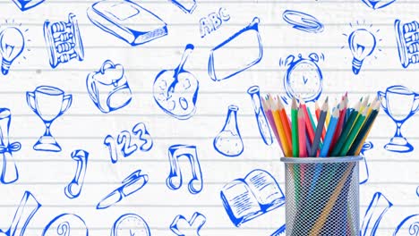 Pencil-stand-against-school-concept-icons-on-white-lined-paper