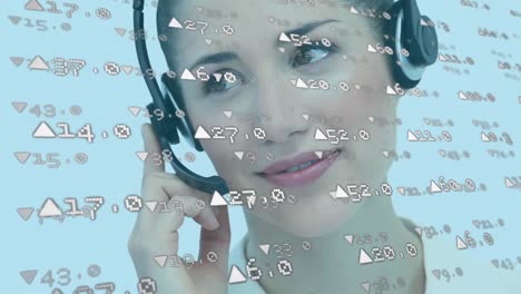 White-arrows-with-numbers-floating-over-a-Caucasian-female-call-centre-worker-talking-on-the-phone,-