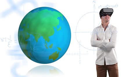 Mathematische-Gleichungen-Schweben-Gegen-Einen-Sich-Drehenden-Globus-Und-Einen-Menschen,-Der-Ein-VR-Headset-Verwendet