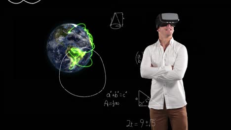 Mathematical-equations-floating-against-spinning-globe-and-man-using-VR-headset
