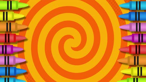 Mehrere-Farbige-Buntstifte-Vor-Kreisen,-Die-Sich-Auf-Orangefarbenem-Hintergrund-Bilden