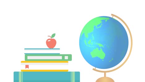 Drehender-Globus-Und-Apfel-Auf-Einem-Stapel-Bücher-Vor-Weißem-Hintergrund
