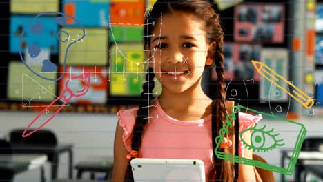 Mathematische-Gleichungen-Und-Schulkonzeptsymbole-Gegen-Mädchen,-Die-Im-Unterricht-Ein-Digitales-Tablet-Verwenden