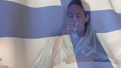 Finnische-Flagge-Weht-Gegen-Frau,-Die-Hustet,-Während-Sie-Im-Bett-Medikamente-Einnimmt