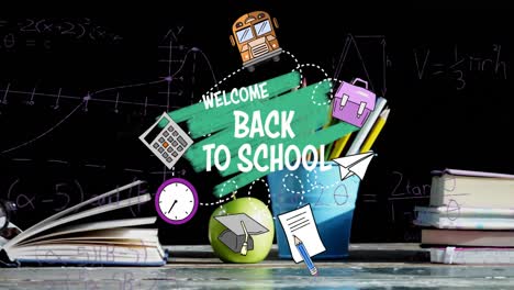 Willkommen-Zurück-In-Der-Schule-Text-Gegen-Apfel,-Stapel-Bücher-Und-Bleistiftständer