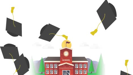 Multiple-graduation-hats-falling-over-school-building-icon-against-white-background