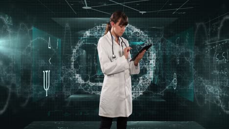 Ärztin-Nutzt-Digitales-Tablet-Vor-Bildschirmen-Mit-Medizinischer-Datenverarbeitung