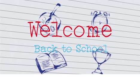 Welcome-back-to-school-text-against-multiple-school-concept-icons-on-white-lined-paper
