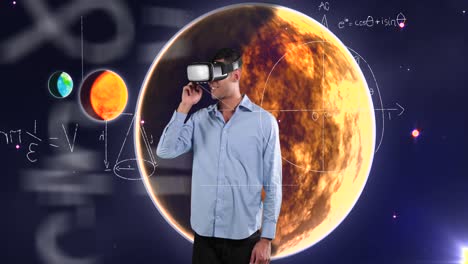 Mathematical-equations-and-solar-system-floating-against-man-using-VR-headset