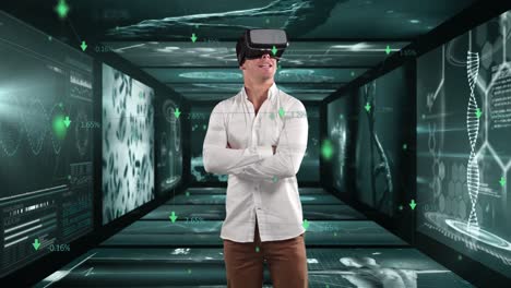 Man-using-VR-headset-against-screens-with-medical-data-processing