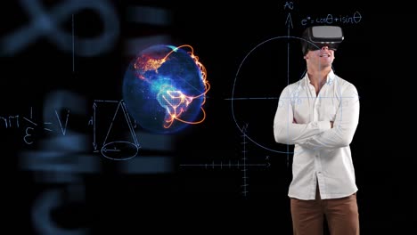 Mathematical-equations-floating-against-spinning-globe-and-man-using-VR-headset