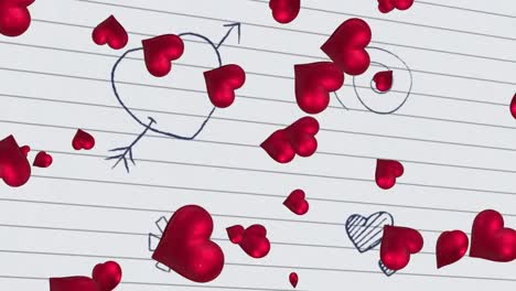 Multiple-red-heart-icons-against-drawing-on-white-lined-paper
