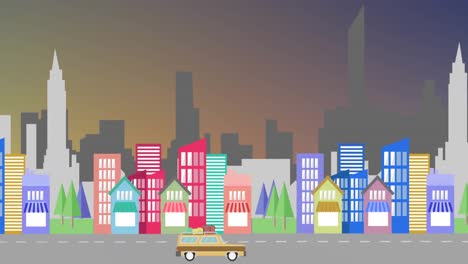 Animation-of-car-moving-against-cityscape-in-background
