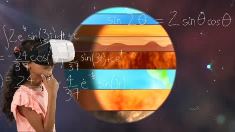 Mathematische-Gleichungen-Schweben-Gegen-Einen-Sich-Drehenden-Globus-Und-Ein-Mädchen,-Das-Ein-VR-Headset-Verwendet