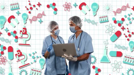 Zwei-Ärzte-Benutzen-Einen-Laptop-Gegen-Wissenschaftliche-Konzeptsymbole-Auf-Weißem-Liniertem-Papier