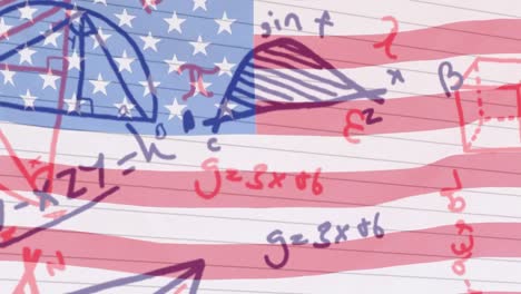 Mathematical-equations-and-diagrams-against-waving-American-flag