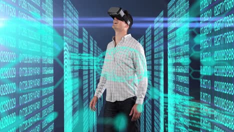 Man-using-VR-headset-against-screens-wit-cyber-security-data-processing