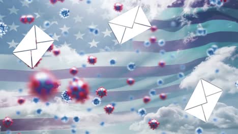 Mehrere-Umschlagsymbole-Und-Covid-19-Zellen-Bewegen-Sich-Gegen-Die-Amerikanische-Flagge-Vor-Wolken-Am-Himmel