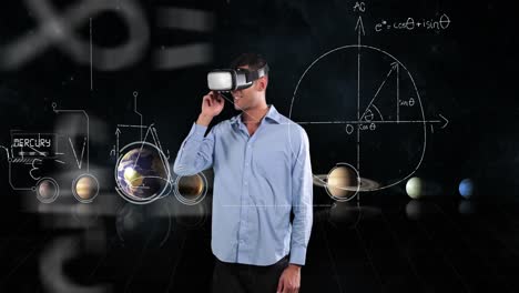 Mathematical-equations-and-solar-system-floating-against-man-using-VR-headset