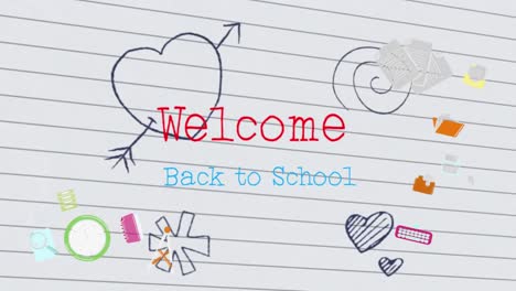 Welcome-back-to-school-text-against-drawings-on-white-lined-paper