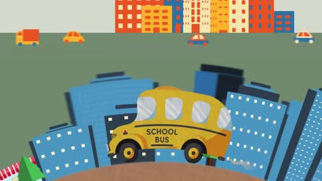 Autobús-Escolar-Moviéndose-Contra-El-Paisaje-Urbano-En-Segundo-Plano.