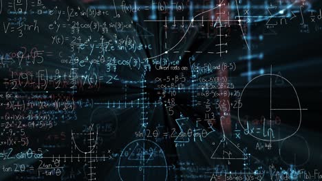 Mathematical-equations-and-diagrams-floating-against-black-background