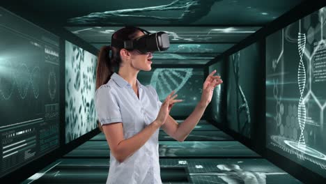 Frau-Benutzt-VR-Headset-Vor-Bildschirmen-Mit-Medizinischer-Datenverarbeitung