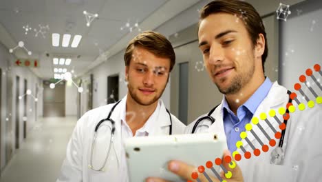 DNA-and-molecular-structures-moving-against-two-male-doctors-using-digital-tablet