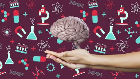 Spinning-brain-over-hands-against-science-concept-icons-against-red-background
