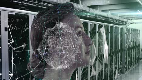 Mathematical-equations-over-portrait-of-woman-in-computer-server.