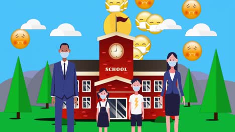People-and-emojis-wearing-masks-with-school-building.