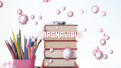 Células-De-Coronavirus-Con-Artículos-Escolares-Y-Libros.