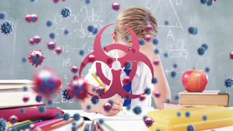 Biohazard-symbol-and-Coronavirus-cells-over-schoolboy-in-class.