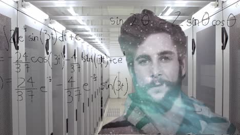 Mathematische-Gleichungen-über-Porträt-Eines-Menschen-Im-Computerserver.