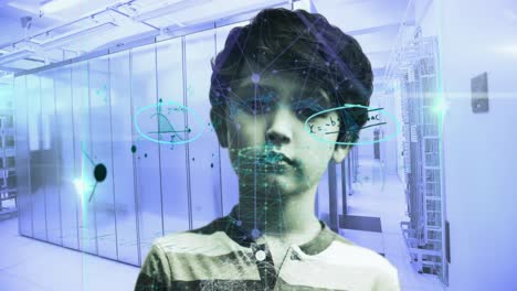 Mathematical-equations-over-portrait-of-boy-in-computer-server.