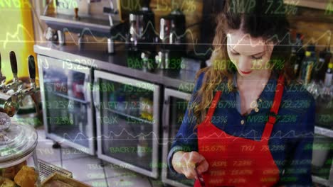 Financial-data-processing-over-woman-working-behind-counter-holding-terminal.