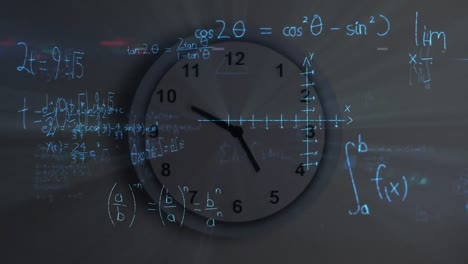 Mathematical-equations-over-animated-clock-background.