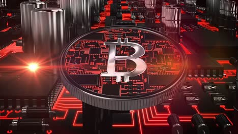 Bitcoin-Y-Punto-De-Luz-Moviéndose-Sobre-El-Circuito-De-Conexiones