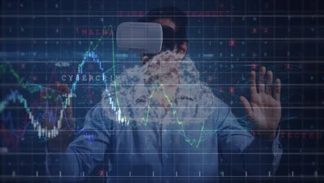 Finanzdatenverarbeitung-Und-Online-Sicherheitswarnungen-über-Mann-Mit-VR-Headset.