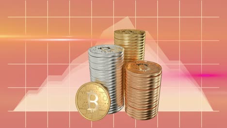 Pila-De-Bitcoins-Sobre-Líneas-De-Cuadrícula-Sobre-Fondo-Naranja.
